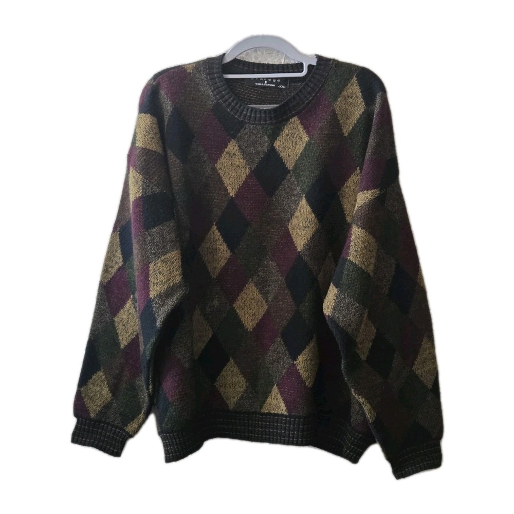 Protege Collection Mens XXL Argyle Knit Sweater Vintage Multicolor‎ Crewneck